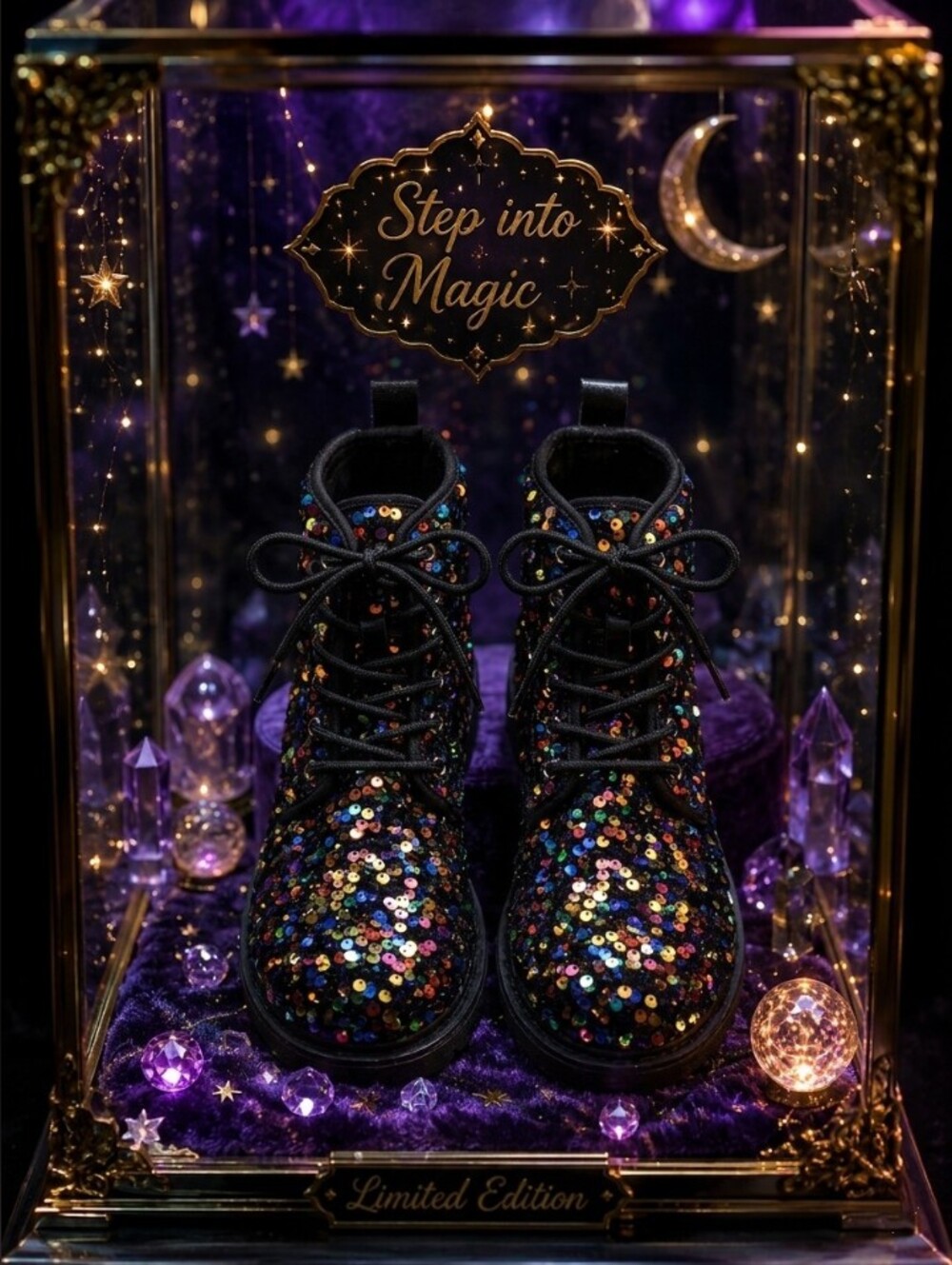 Unique Black Sequin Lace-Up Boots - Sparkling Multicolor ✨ 💕